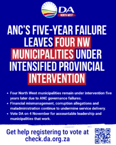 ANC’s five-year failure leaves four North West municipalities under intensified provincial intervention