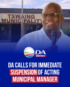 DA calls for immediate suspension of acting municipal manager