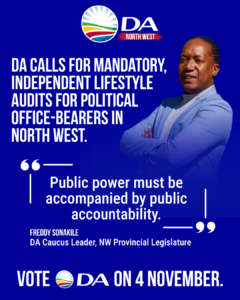 DA calls for mandatory, independent lifestyle audits for political office-bearers in North West