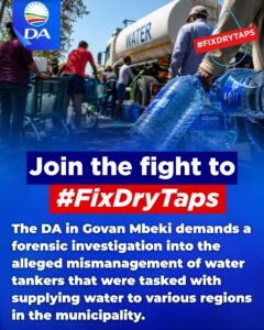 DA in Govan Mbeki requests for investigation over R800 000 spent on water tankers in 10 days.