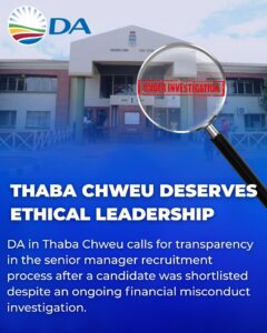 DA in Thaba Chweu urges transparency on hiring process of senior manager