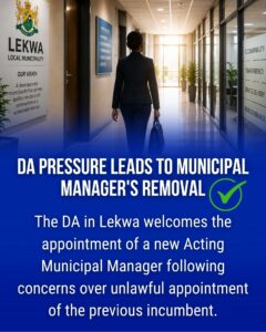 Lekwa Municipal Manager removed following DA pressure