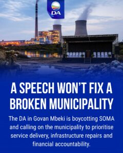 DA in Govan Mbeki boycotts SOMA and calls for acceleration of service delivery 