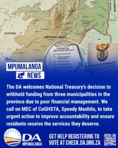 DA cautiously welcomes National Treasury’s decision to promote financial accountability in Mpumalanga municipalities