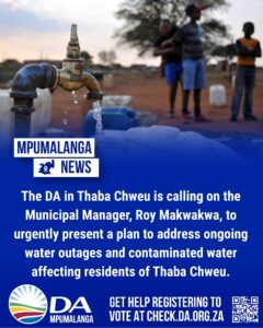 DA in Thaba Chweu demands action on contaminated and inconsistent water supply