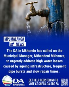 DA in Mkhondo calls on Municipal Manager to clamp down on high water losses