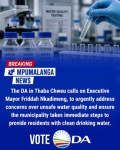 DA in Thaba Chweu demands improved water quality for residents