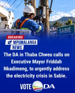 DA in Thaba Chweu urges Mayor to put a stop to electricity crisis in Sabie