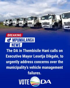 DA demands accountability for Thembisile Hani’s municipal vehicle management failures