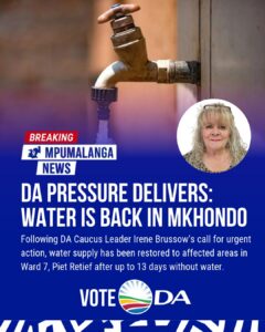 DA calls on Mkhondo to act on prolonged water outage in parts of Ward 7