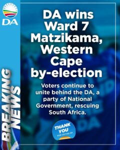 DA wins Matzikama by-election – Ruk Reg, Geen Speletjies campaign continues