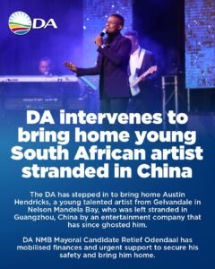 Urgent intervention underway to assist young South African stranded in China