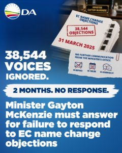 Minister Gayton McKenzie must answer for failure to respond to 38,000 EC name change objections