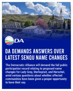 DA demands answers over latest Senqu name changes