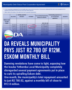 DA reveals Municipality pays just R2 780 of R12m Eskom monthly bill