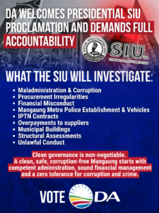 DA calls for full accountability following Presidential SIU Proclamation into Mangaung Metro