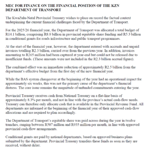 DA welcomes Treasury clarification on KZN Transport department’s ongoing fiscal woes